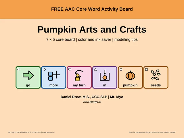 Pumpkin Arts and Crafts AAC core board with six picture symbols