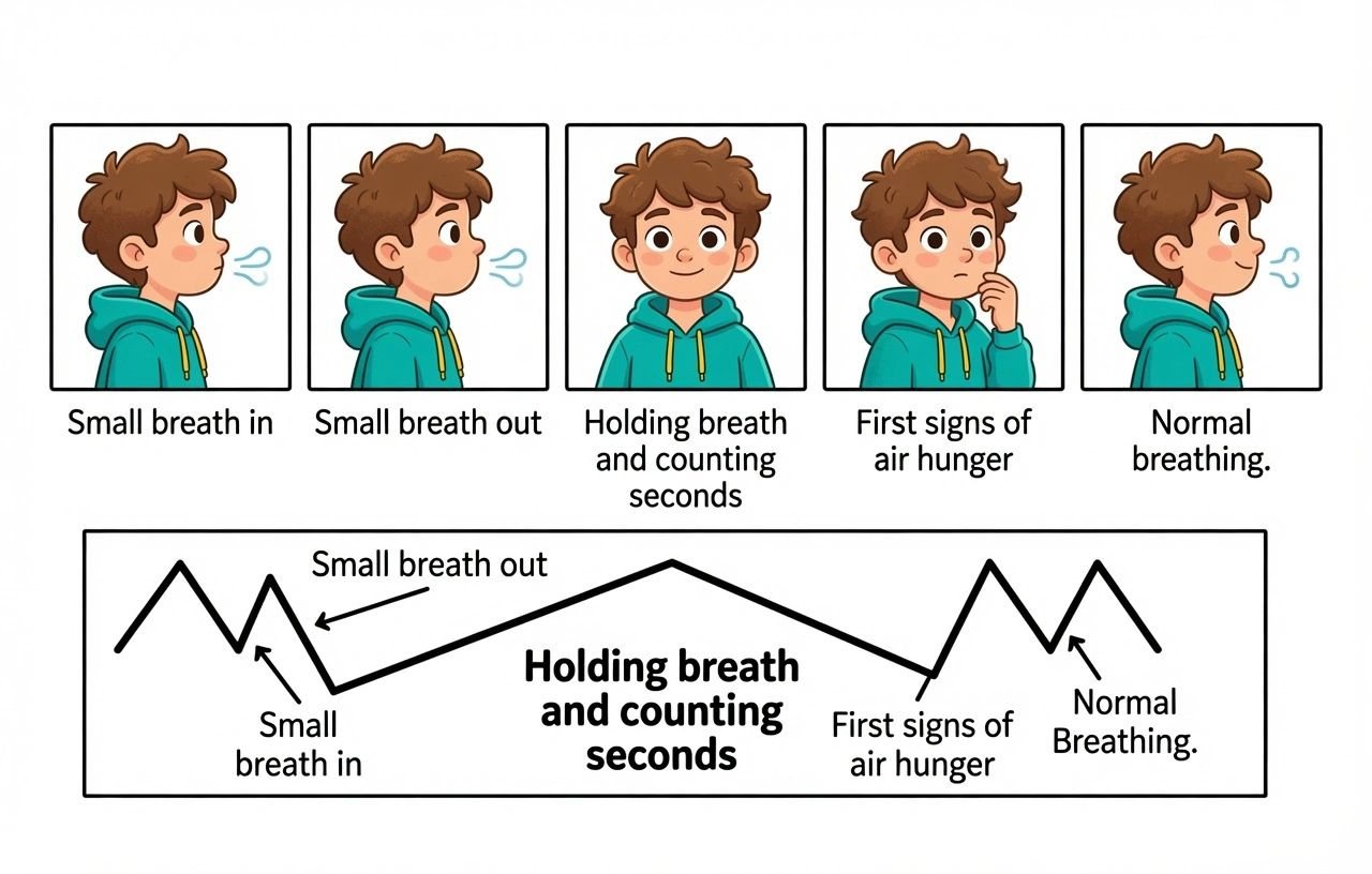 Step-by-step guide on holding breath and recognizing air hunger signs.